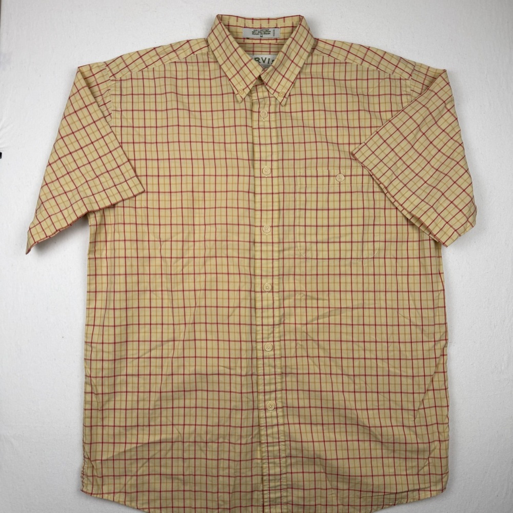 Orvis Mens M Short Sleeve Button Down Shirt Yellow Red Plaid Tattersall Cotton